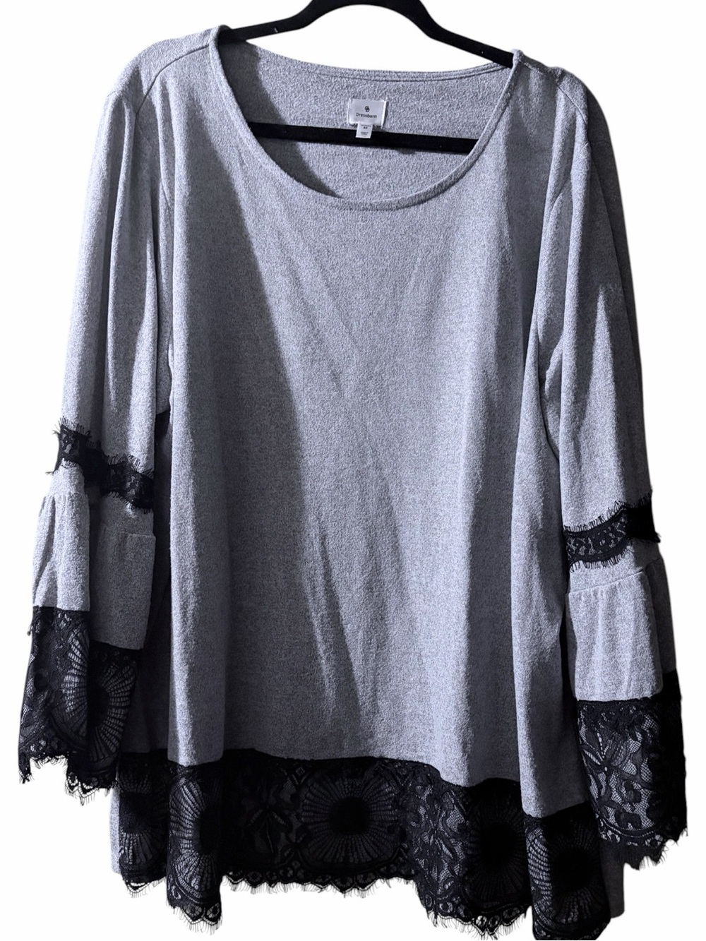 Dressbarn Plus Size Gray Black Lace Trim Top 3X EUC